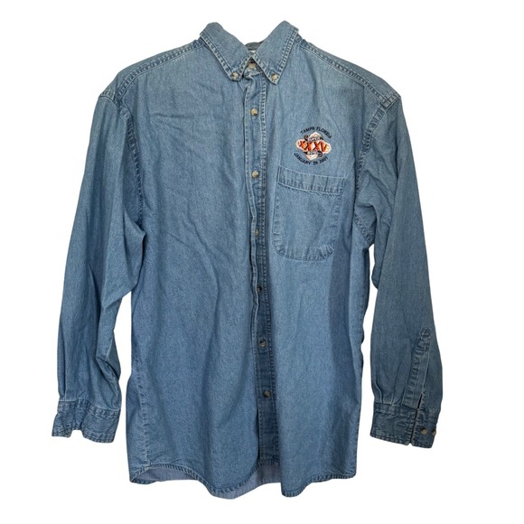 Logo Athletic Tops - Vintage Superbowl  XXXV 2001 Denim Button Down Shirt Tampa Florida Shirt Large